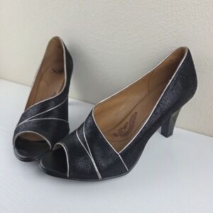 Sofft Open Toe Pumps Heels Black Leather Fashion City Modern Shoes Wmns Sz 9.5 M